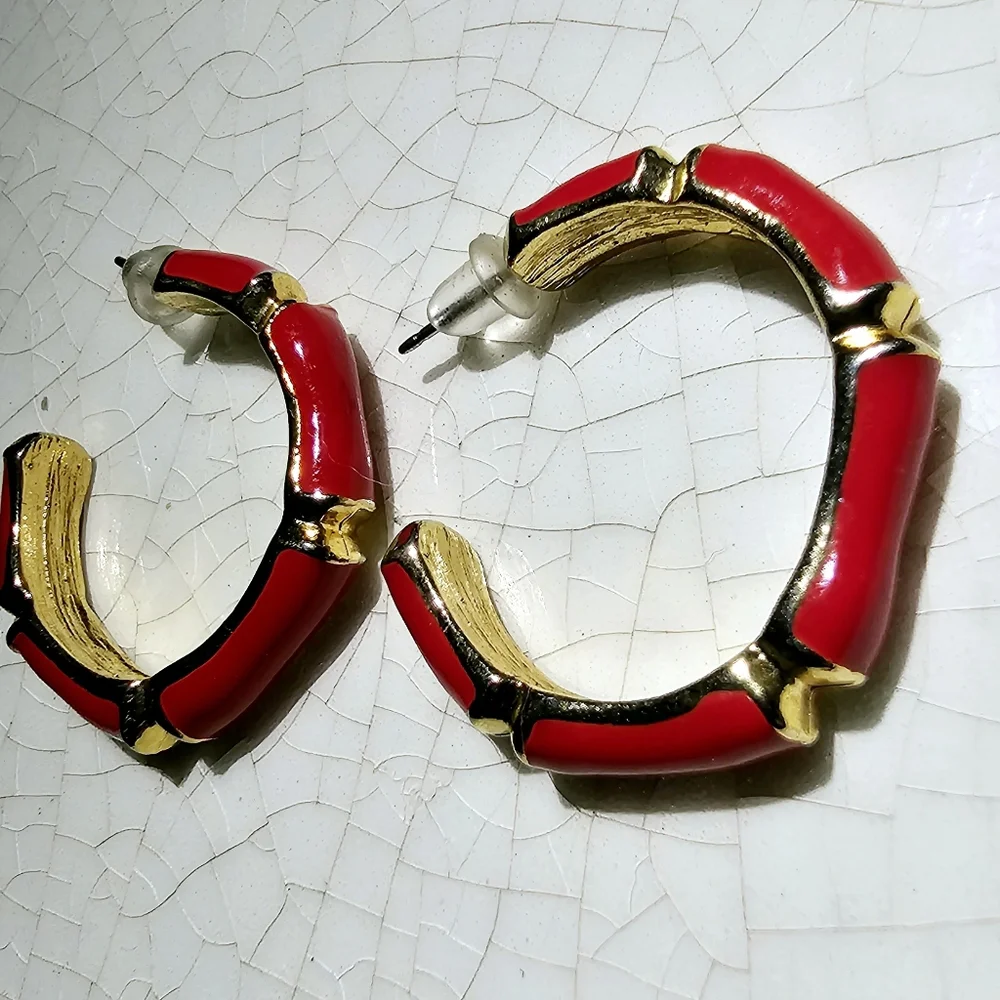 Bold Red and gold 90s bamboo earrings urban luxury classic must have
